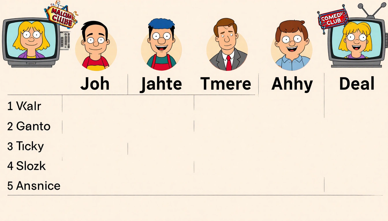 Table lists Malcolm in the Middle revival cast with names above photos and subtle sitcom TV screen corners creating vibe.