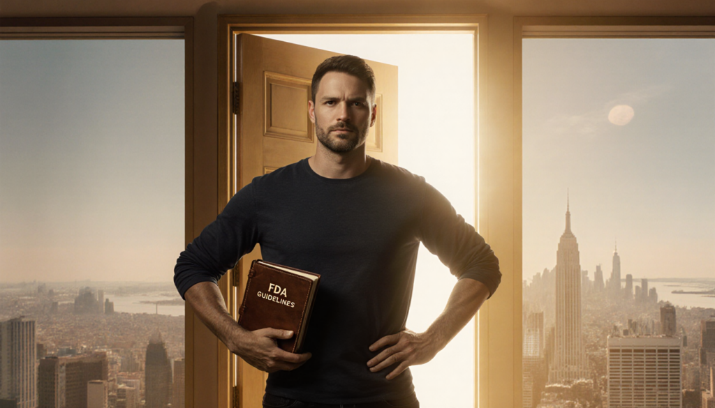 Male figure stands by a slightly ajar door holding a leather book of FDA guidelines with a glow of freedom in a cityscape