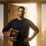 Male figure stands by a slightly ajar door holding a leather book of FDA guidelines with a glow of freedom in a cityscape