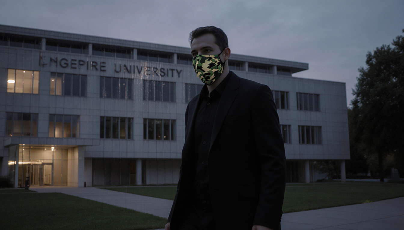 Man walking away from university engineering building at dusk with grainy security footage texture and faint camouflage mask