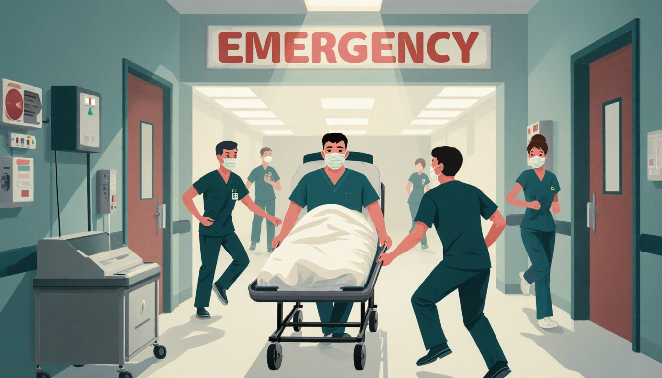 Man being wheeled into a hospital emergency room on a stretcher with medical personnel rushing nearby