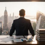 Man in suit standing at podium with city lights behind and coding screens showing AI
