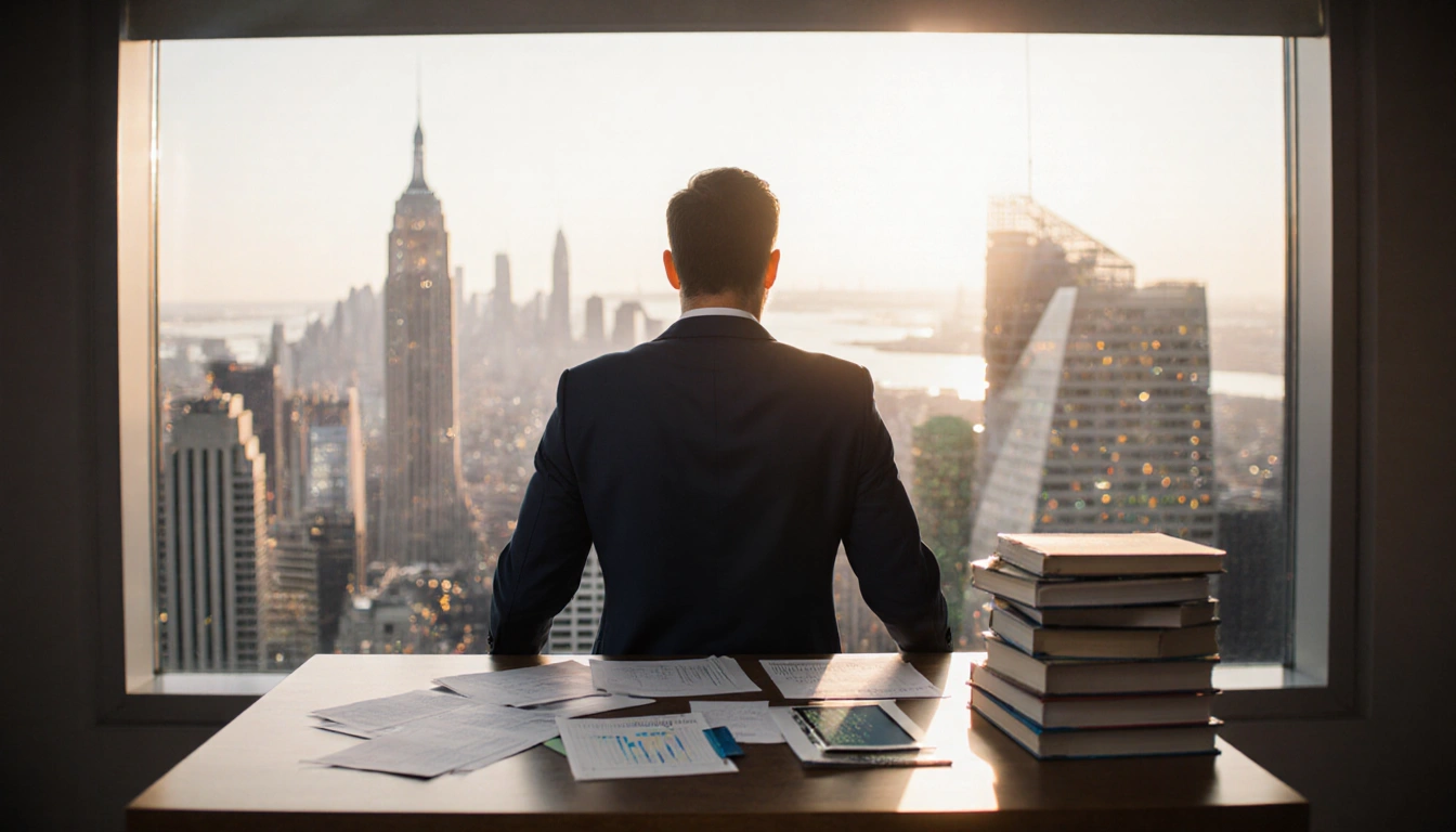 Man in suit standing at podium with city lights behind and coding screens showing AI