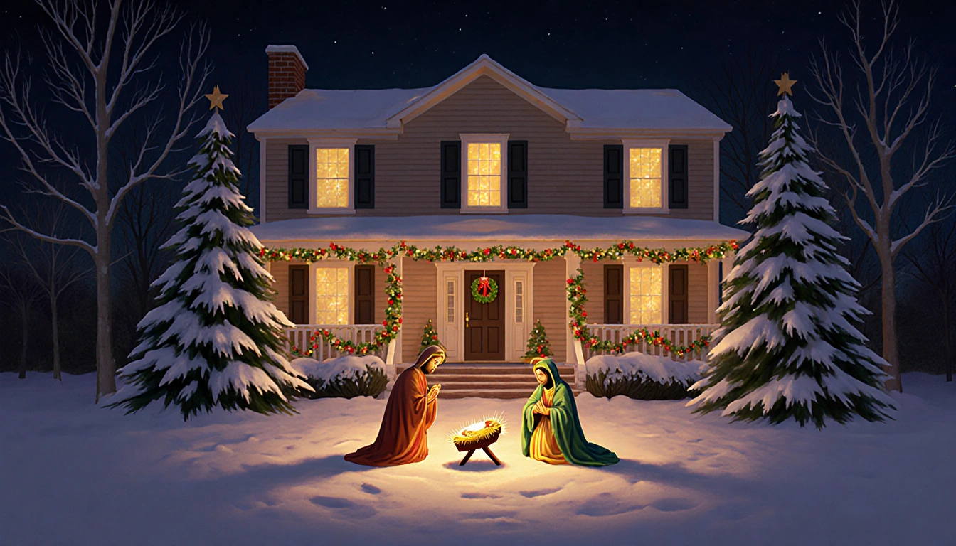 Manger scene with Virgin Mary Joseph and baby Jesus surrounded by snow-covered evergreen trees and warm golden lights.