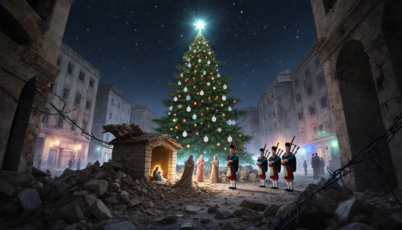 Christmas tree rising above war-scarred square with glowing lights and a partially hidden nativity amid rubble and barbed wir