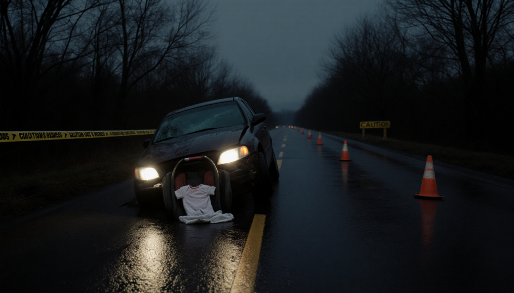 Mangled car lies on its side on wet asphalt with headlights illuminating and caution tape marking the scene.