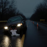 Mangled car lies on its side on wet asphalt with headlights illuminating and caution tape marking the scene.
