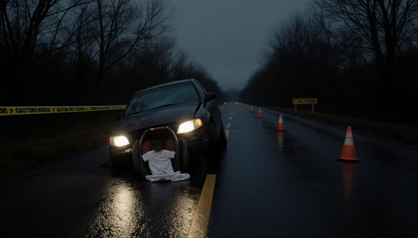 Mangled car lies on its side on wet asphalt with headlights illuminating and caution tape marking the scene.