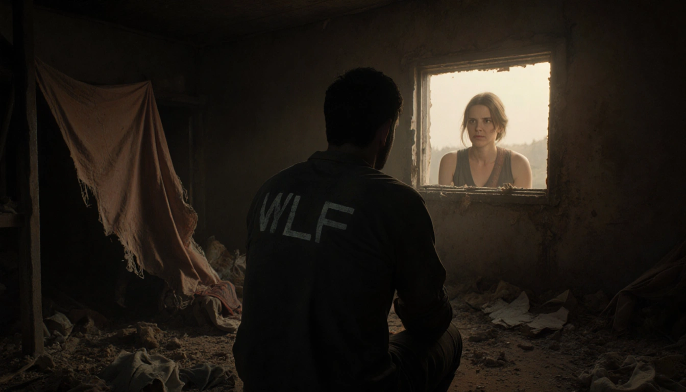 Manny sits looking through small window with concern and empathy amid post-apocalyptic debris and warm tones