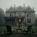Stone mansion standing in mist with glowing entrance and empty armchairs on porch.