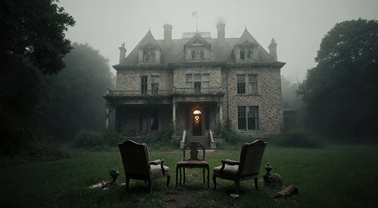 Stone mansion standing in mist with glowing entrance and empty armchairs on porch.