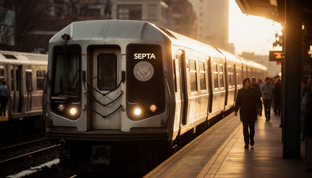 New MARC train car gleams during golden hour with Silverliner IV beside it and blurred commuters in SEPTA station background.
