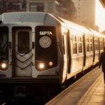 New MARC train car gleams during golden hour with Silverliner IV beside it and blurred commuters in SEPTA station background.