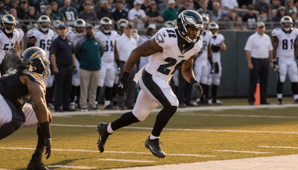 Marcus Epps safety tackling Charger receiver with focused eyes and extended arm in golden hour light