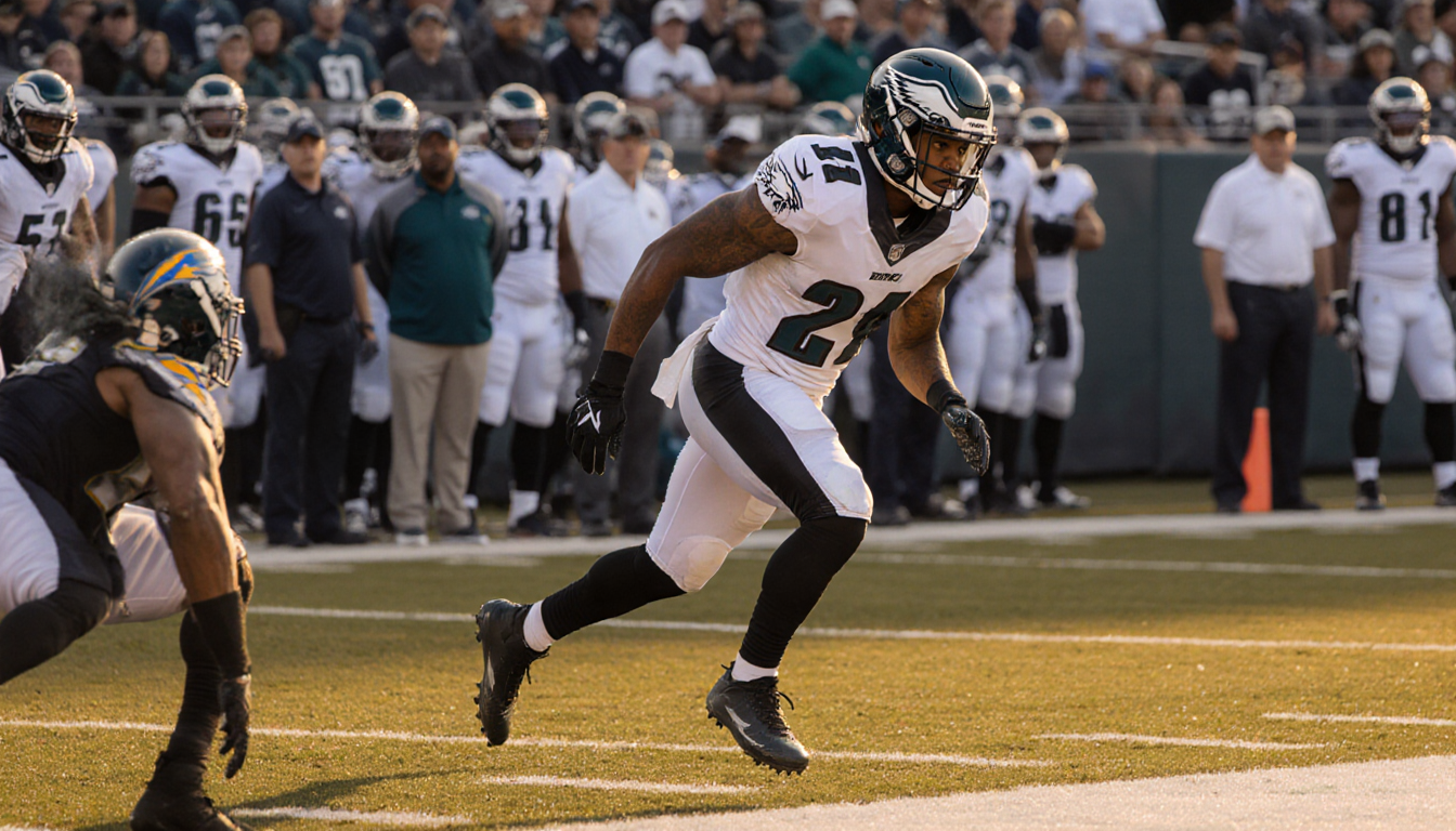 Marcus Epps safety tackling Charger receiver with focused eyes and extended arm in golden hour light