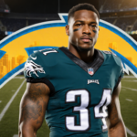 Marcus Epps stands confidently in front of a Los Angeles Chargers logo with Eagles uniform and soft golden lighting.