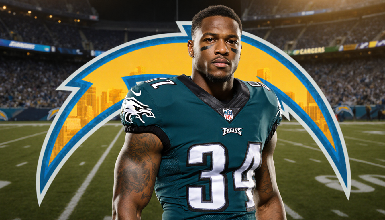 Marcus Epps stands confidently in front of a Los Angeles Chargers logo with Eagles uniform and soft golden lighting.