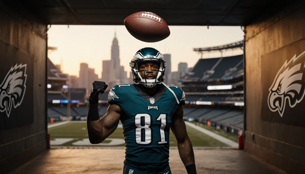 Marcus Epps with football rebounding off helmet in Eagles tunnel and blurred Philadelphia skyline behind