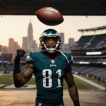 Marcus Epps with football rebounding off helmet in Eagles tunnel and blurred Philadelphia skyline behind