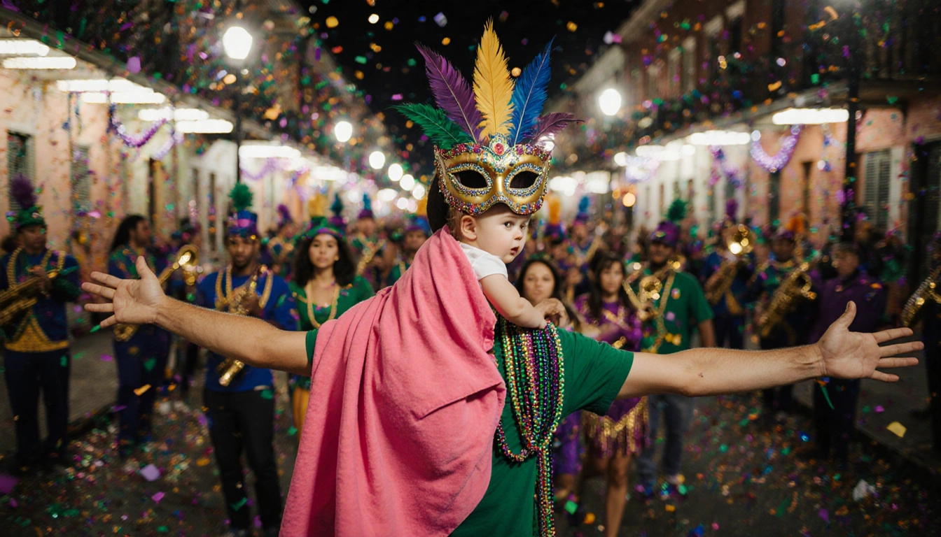 People dancing with Mardi beads confetti a baby in pink blanket rests on someone's shoulders under a feather mask in street