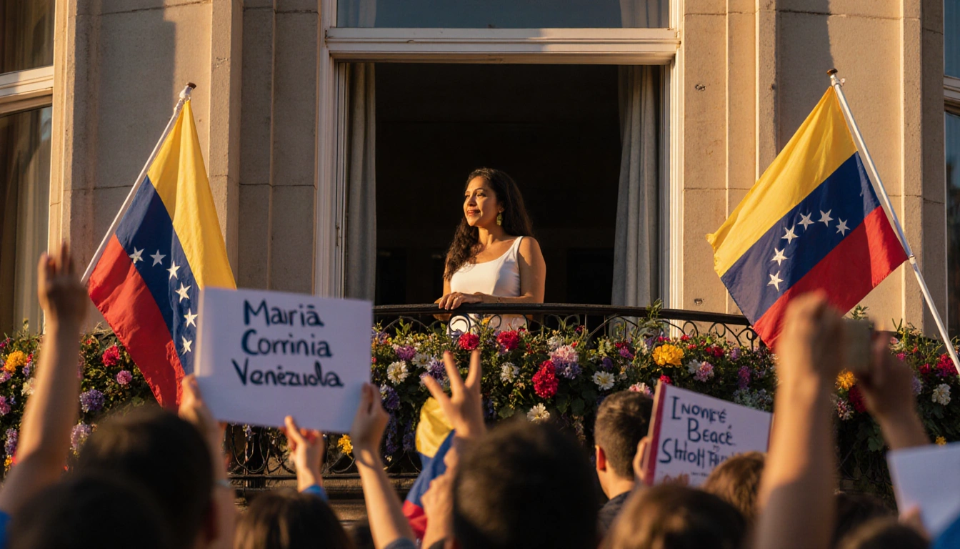 María Corina Machado standing on balcony overlooking supporters with Venezuelan flags and flowers.