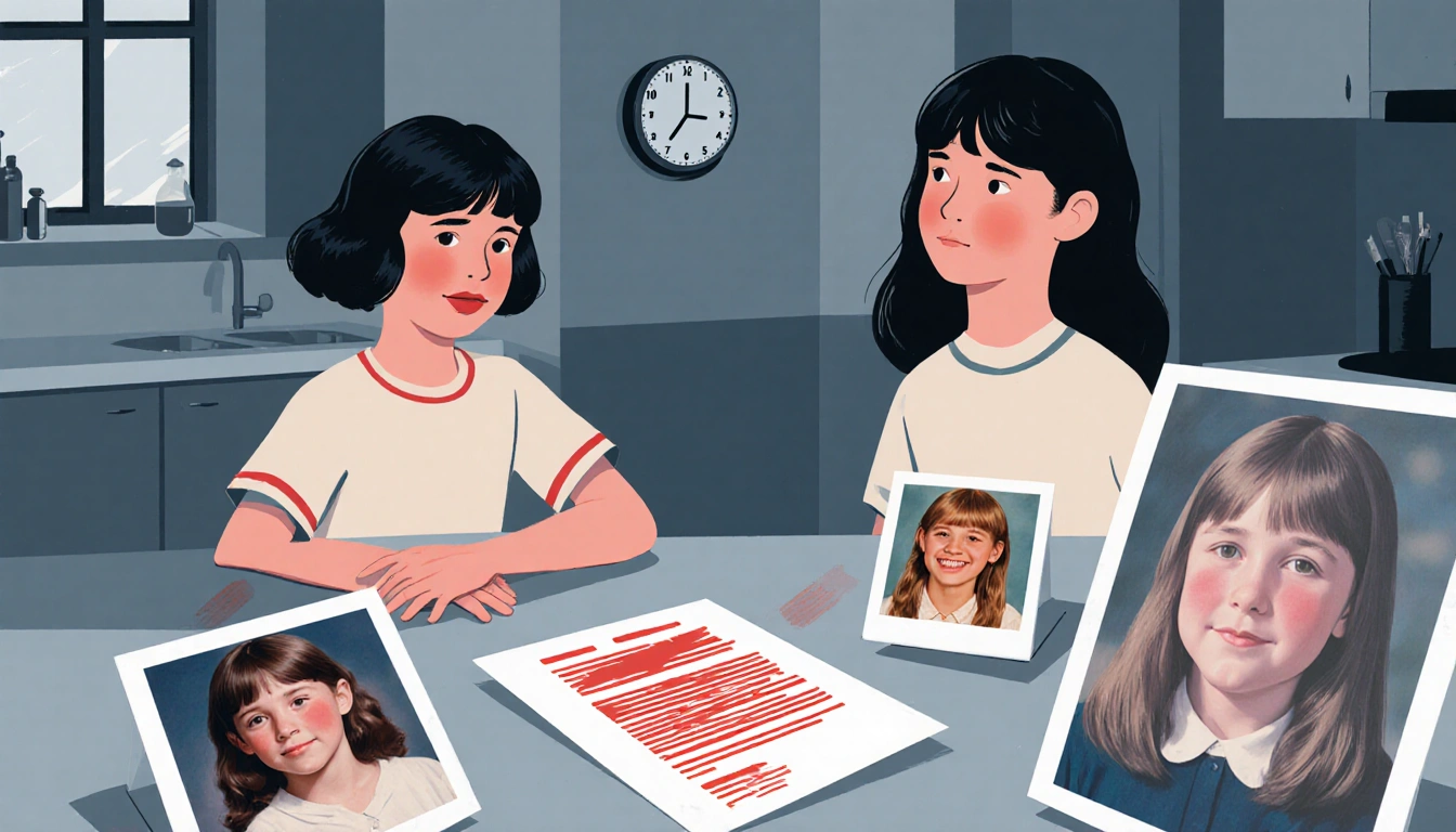 Two girls reviewing a redacted FBI complaint with photographs of themselves and a ticking clock