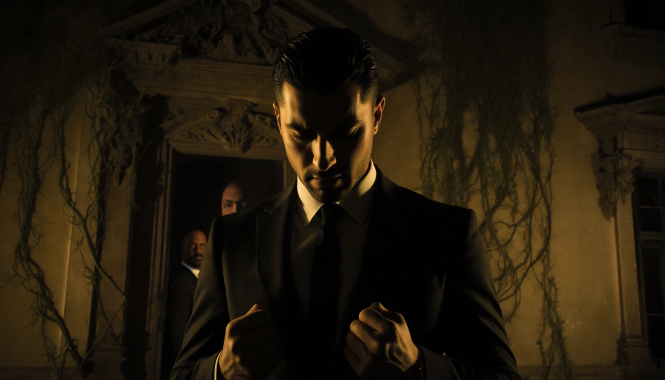 Mario Rodriguez standing in formal attire with clenched fists near a dimly lit mansion and vines and eyes down and golden lig