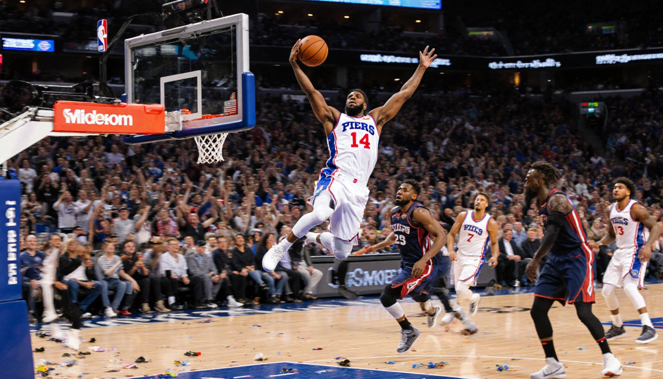 MarJon Beauchamp dunking midair with 76ers jersey #14 and cheering crowd in background