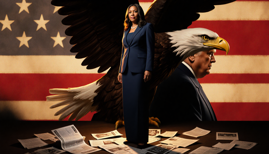 Rep. Marjorie Taylor Greene stands confidently with a glow and an American flag while papers about Epstein sit at her feet