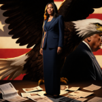 Rep. Marjorie Taylor Greene stands confidently with a glow and an American flag while papers about Epstein sit at her feet