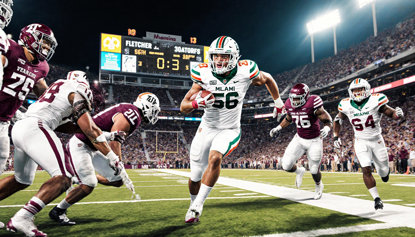 Mark Fletcher Jr. sprinting through Texas A&M defense on a 56-yard rush with score 10-3 in stadium lights.