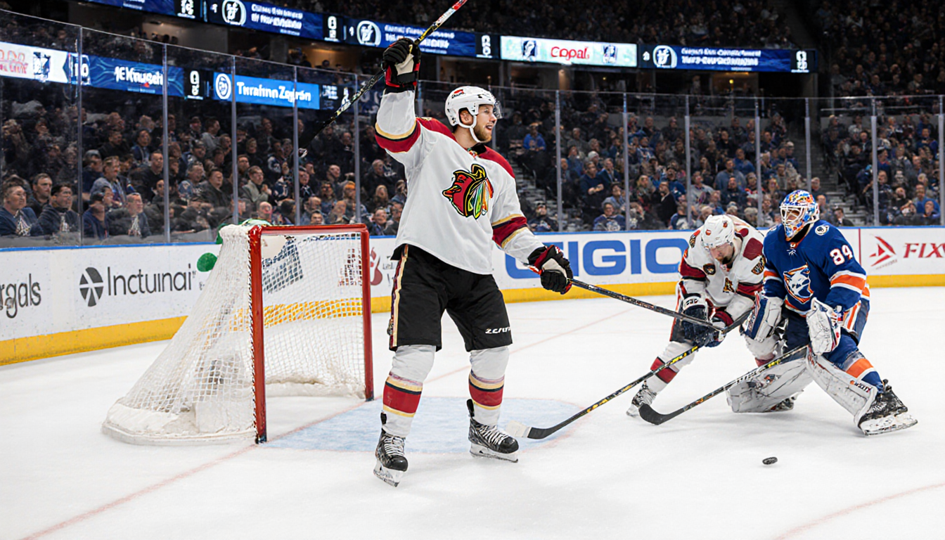 Mark Stone raises his stick high in celebration with Travis Konecny slumped beside him on the ice and the scoreboard showing