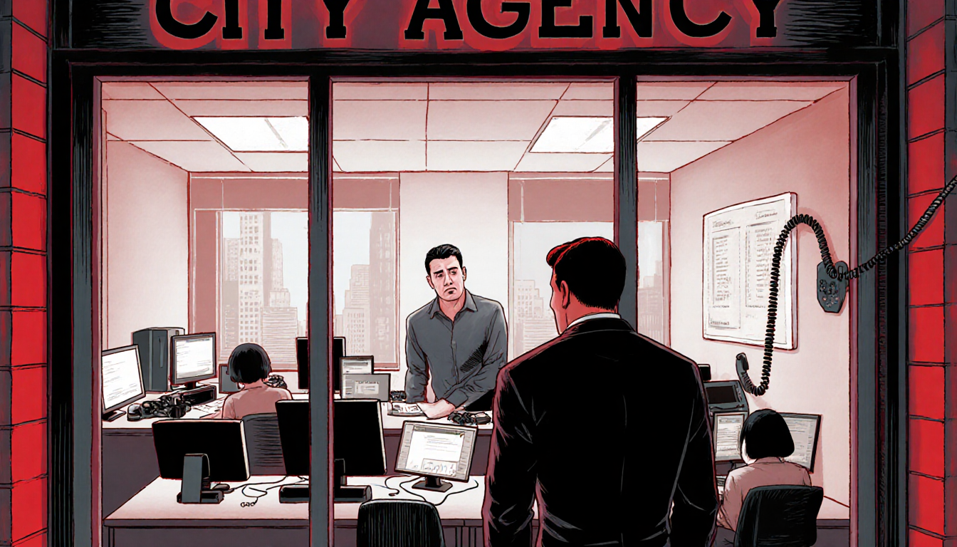 Mark Tucci standing before agency building looking through window at fearful worker with phone lines and computer screens in