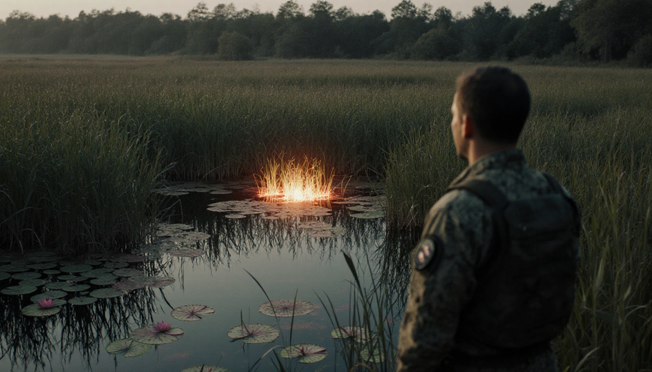 Drone pilot Sherrard standing at marsh edge watching glowing heat signature in reeds with calm pond in foreground.