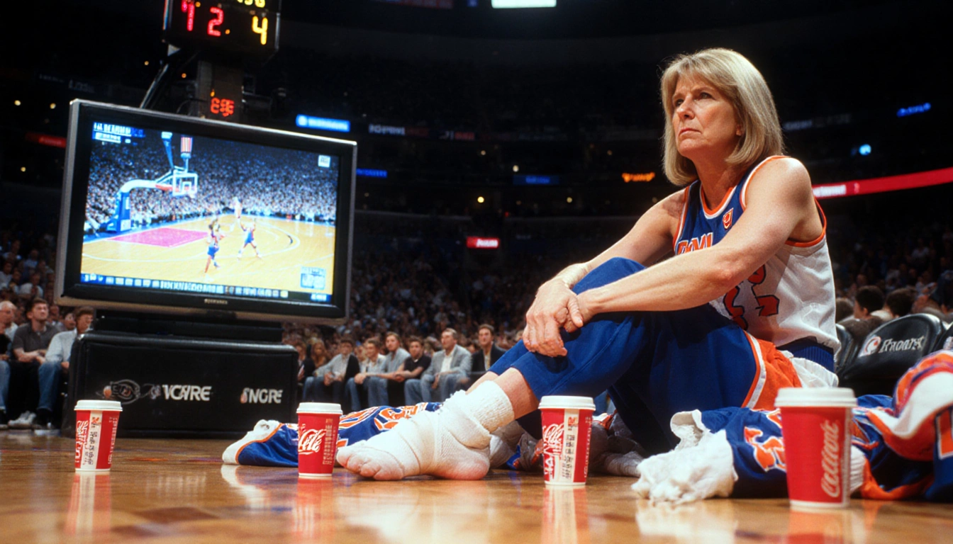 Martha Stewart sitting on floor of Madison Square Garden watching TV screen with bandaged toe and soda cups surrounding her