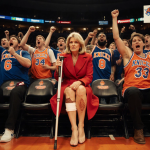 Martha Stewart sitting in a luxury seat at Madison Square Garden with red coat and broken toe as Knicks fans cheer around her