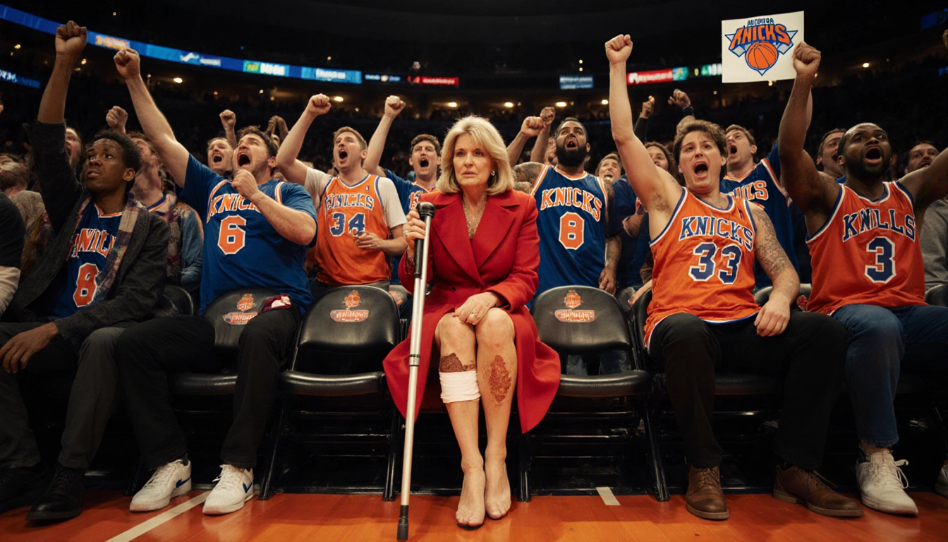 Martha Stewart sitting in a luxury seat at Madison Square Garden with red coat and broken toe as Knicks fans cheer around her