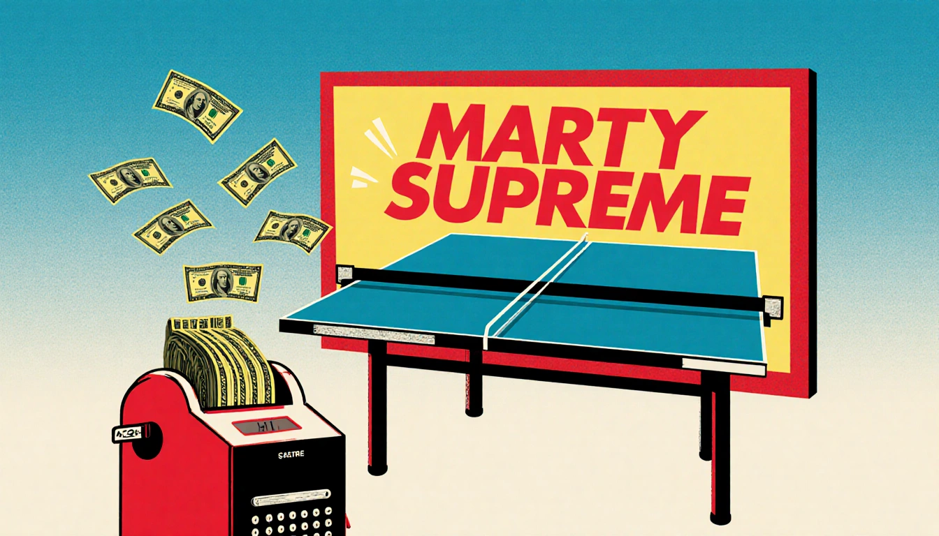 Cash register spitting stacks of $100 bills with table tennis table and blue-red gradient background.