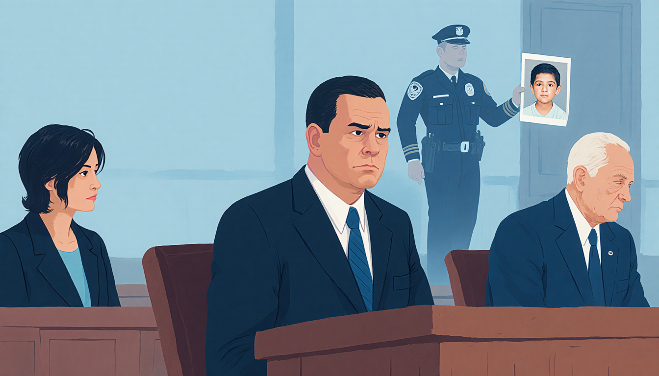 Marty Small sits at defendant's table with serious face and attorneys beside him while a police officer holds a child's photo
