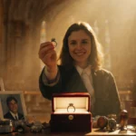 Mary Stepp holds her class ring aloft with warm golden light spilling over her and a glowing velvet case in a chapel.