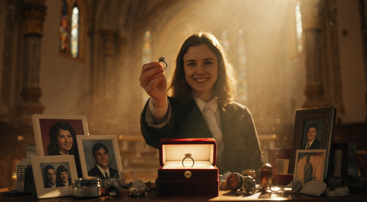 Mary Stepp holds her class ring aloft with warm golden light spilling over her and a glowing velvet case in a chapel.