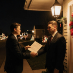 HOA representative handing a fine notice to a frustrated homeowner with a bright red wreath on the front door and warm porch