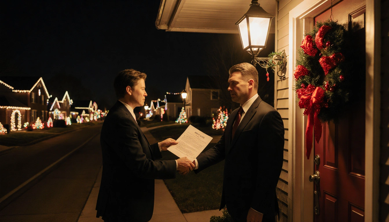 HOA representative handing a fine notice to a frustrated homeowner with a bright red wreath on the front door and warm porch