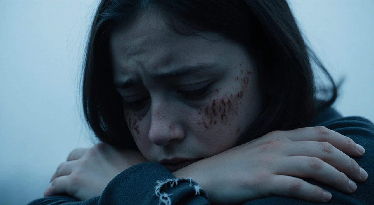 Young woman looking down at hands with sadness and tears in clothing and arms wrapped around herself in a muted blue backgrou