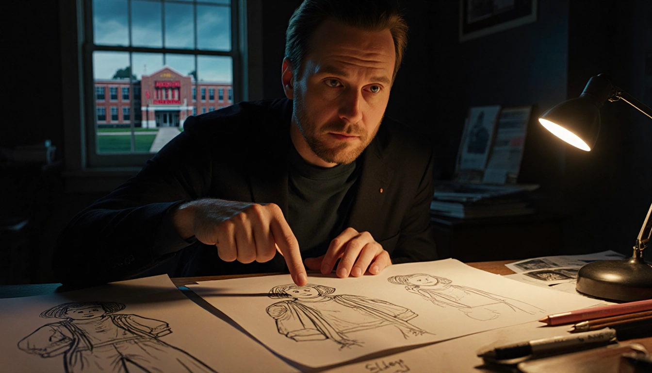 Matt Duffer pointing to a sketch of Eleven with warm nostalgic lighting and Hawkins Middle School background