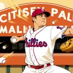 Matt Strahm pitching baseball with Phillies logo and skyline in background and golden light highlighting his motion