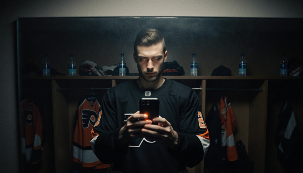 Matvei Michkov reviewing game footage with phone glow and foggy mirror in dim Flyers locker room