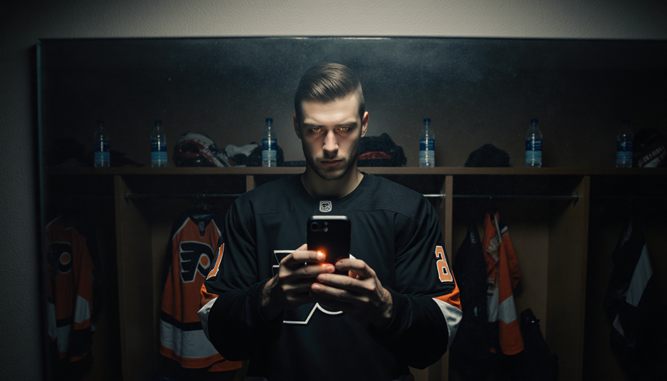 Matvei Michkov reviewing game footage with phone glow and foggy mirror in dim Flyers locker room