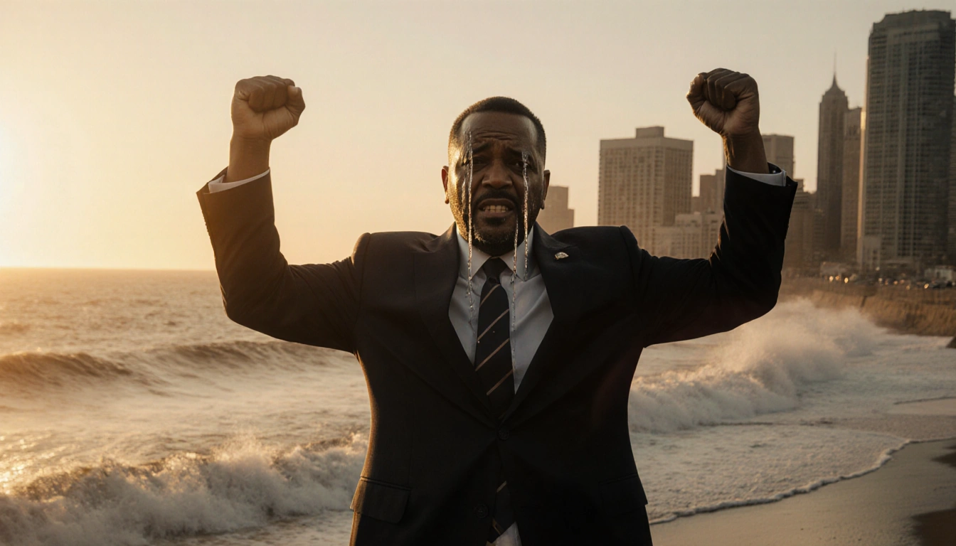 Atlantic City mayor Marty Small raising his arms with tears in sunset glow and ocean waves crashing behind him and courtroom