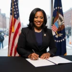Mayor Cherelle Parker signing an executive order with American flag behind and city streets showing homeless people